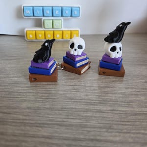 Pode incluir: Três porta-chaves com pilhas de livros em castanho, azul e roxo. Um porta-chaves tem um corvo preto, um tem um crânio branco e outro tem um corvo preto pousado num crânio branco. Ao fundo, um sinal branco diz MIKEYS 3D STUDIO.