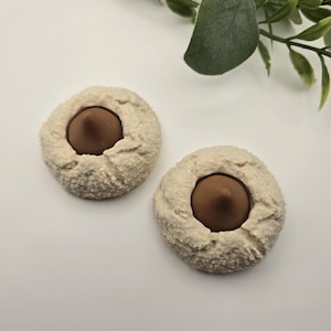 Puede incluir: Dos objetos redondos beige con un centro marrón en forma de cono. Los objetos tienen un exterior texturizado y esponjoso. Hojas verdes y un tallo marrón son visibles en el fondo.