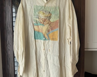 Vintage Nigel Preston künstlerisch beunruhigtes Leinenhemd, cremefarbener Gaze-Bandkragen mit Knöpfen, handbemaltes Studio Fine Art Top Unisex-Größe