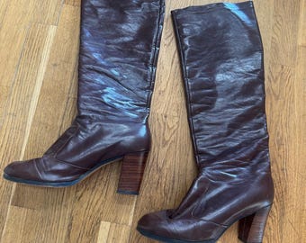 VTG 70s Joyce California Brown Leather Boots Knee High Slouch Block Heel 6.5 M