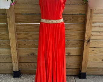 Vintage 1970s Pleated Jumpsuit Orange Red Gold Metallic Belt Wide Leg Palazzo M