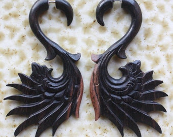 AMRIN Earrings - Hand Carved Fake Gauges - Wing Design - Tribal Jewelry