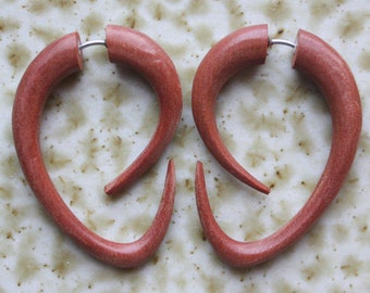 EBB Hoops - Tribal Fake Gauges - Hand Carved Tan Saba Wood - Hook Style Earrings