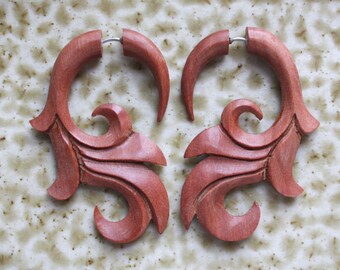 SUMITRA Fake Gauge Earrings - Natural Saba Wood - Hand Carved Body Art