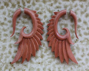 BRAVE Wing Earrings - Natural Saba Wood - Hand Carved Organic Fake Gauges