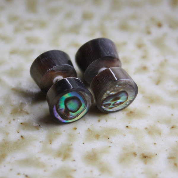 Fake Plugs - Hand Carved Abalone Shell and Horn - BUTTON Earrings