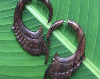 Fake Gauge Earrings - Hand Carved Natural Sono Wood - DHARMA - Tribal Style Jewelry