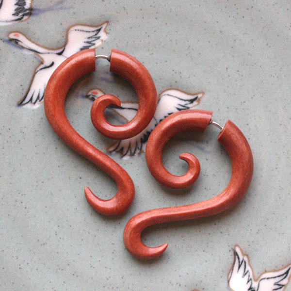 LUNETTE - Hand Carved Fake Gauges - Natural Saba Wood - Tribal Style Curl Earrings
