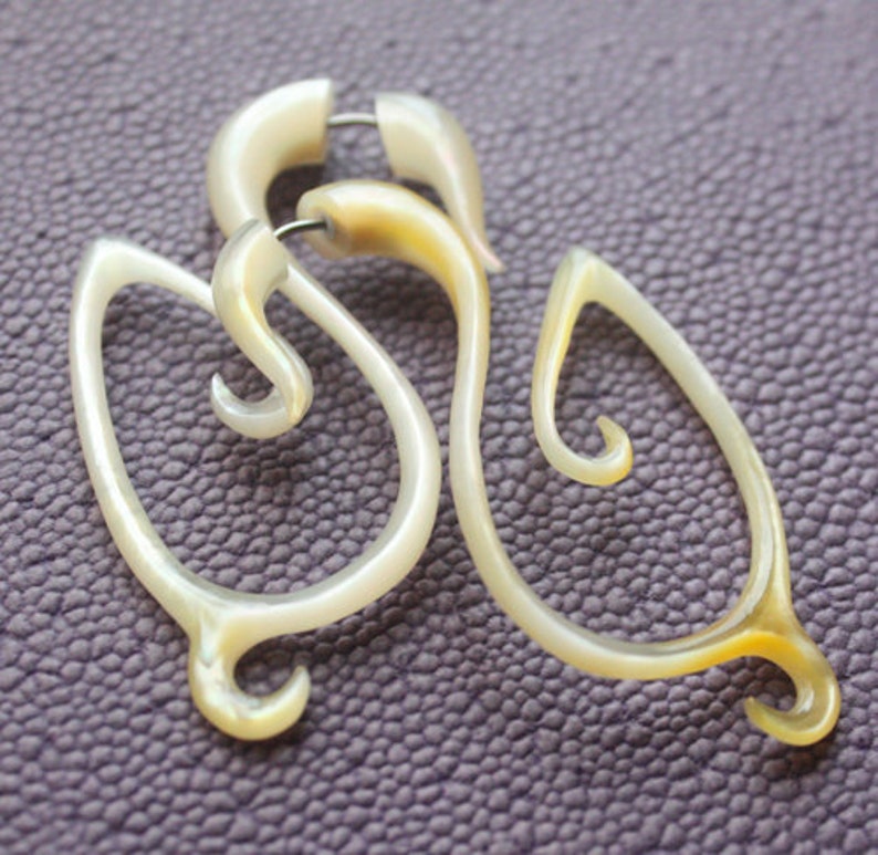 SELA Fake Gauge Earrings Hand Carved Mother of Pearl Etsy
