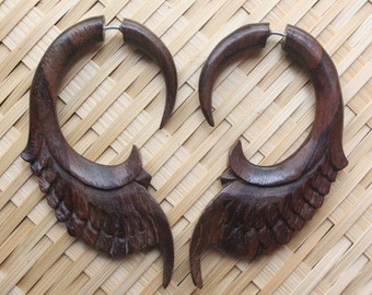 DHARMA - Fake Gauge Earrings - Hand Carved Natural Sono Wood - Tribal Style Jewelry
