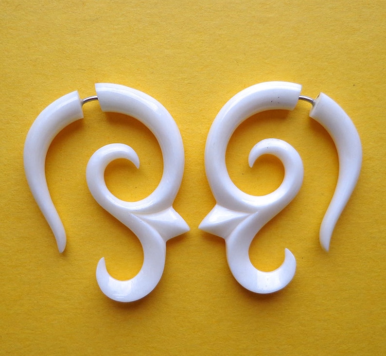 AIKA Hand Carved Earrings Tribal Fake Gauges Natural White Bone image 1