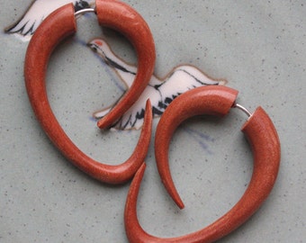 Tribal Fake Gauges - EBB Hoops - Hand Carved Tan Saba Wood - Hook Style Earrings
