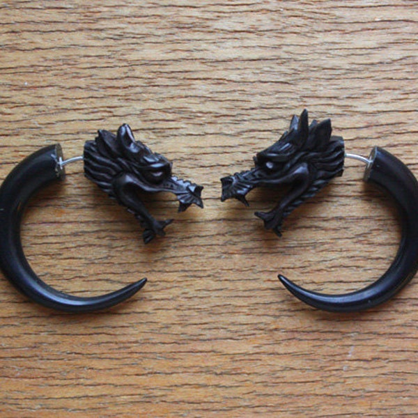 Fake Gauge Earrings - DRACO - Hand Carved Natural Black Horn - Dragon Hoops