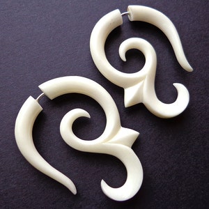 AIKA Hand Carved Earrings Tribal Fake Gauges Natural White Bone image 4