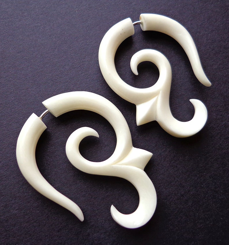 AIKA Hand Carved Earrings Tribal Fake Gauges Natural White Bone image 4