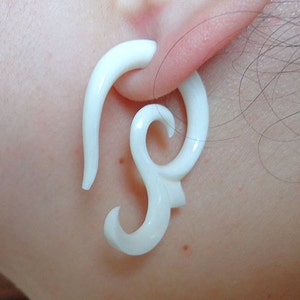 AIKA Hand Carved Earrings Tribal Fake Gauges Natural White Bone image 5