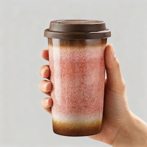 May include: A ceramic travel mug with a brown lid and a textured, gradient design. The mug transitions from brown at the top to a reddish-pink middle, and then to a light brown base. The mug is held by a hand.