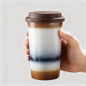May include: A ceramic travel mug with a brown silicone lid. The mug features a gradient design, transitioning from brown at the top and bottom to white and blue in the middle. The mug is held by a hand.