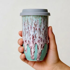 Könnte beinhalten: Ein Keramik-Reisebecher mit grauem Deckel und türkisfarbenem Boden. Der obere Teil des Bechers weist ein einzigartiges Glasurdesign mit weißen, kastanienbraunen und türkisfarbenen Tropfen auf. Der Becher wird in einer Hand gehalten.