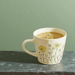 Handmade Relief-Embossed Ceramic Mug – Wildflower Motif, Cream Base | 350ml | Artisan Pottery Cup