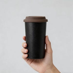 May include: A black travel mug with a textured finish and a brown lid. The mug is held in a hand against a white backdrop. The travel mug is designed for hot or cold drinks.