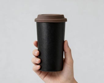 Minimalist Black Ceramic Coffee Cup with Lid | Reusable Travel Mug | Modern Café Style Mug for Coffee & Tea