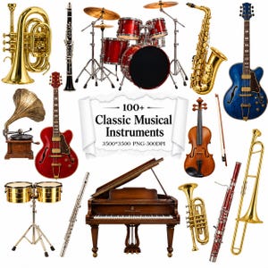 Puede incluir: Una colección de instrumentos musicales que incluye una trompa de latón dorado, clarinete, batería roja, saxofón dorado, guitarra eléctrica azul, gramófono, guitarra eléctrica roja, violín, bongos, flauta, piano de cola, trompeta, fagot y trombón.