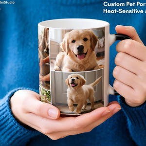 Puede incluir: Taza de cerámica blanca con un retrato personalizado de un golden retriever. La taza tiene un asa negra y el texto "Custom Pet Portrait Heat-Sensitive Mug". La taza es sostenida por una persona que lleva un jersey azul.