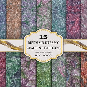Pode incluir: Uma coleção de 15 padrões de fundo digitais com gradientes brilhantes e rodopiantes em várias cores, incluindo azul, roxo, verde, rosa e laranja. Uma etiqueta central exibe o texto 15 MERMAID DREAMY GRADIENT PATTERNS 3600*3600 PIXELS JPEG-300DPI.