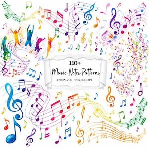 Könnte beinhalten: Eine digitale Sammlung von 110+ Notenmustern mit bunten Musiksymbolen, Violinschlüsseln und Notenlinien auf weißem Hintergrund. Die Grafik enthält Silhouetten von springenden Personen und den Text 110+ Music Notes Patterns 1700*1700 PNG-300DPI.