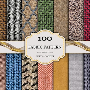 Op de afbeelding: Een collectie van 100 stofpatronen weergegeven in verticale stroken met diverse texturen en kleuren, waaronder bruin, zwart, wit, groen, luipaardprint, rood, blauw, oranje, geel en grijs. Een centraal label bevat de tekst 100 FABRIC PATTERN.