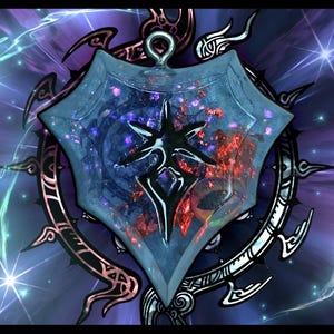May include: A pendant with a shield-like shape, featuring a dark star design at its center. The pendant has a blue-gray hue with red and purple accents, set against a swirling, cosmic background. The pendant is surrounded by a decorative, circular border.