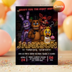 May include: A birthday party invitation featuring characters from a popular video game franchise. The invitation includes the text "JAMESON IS TURNING THIRTEEN!" and details for a pizza party. The design is dark with neon yellow text and character illustrations.