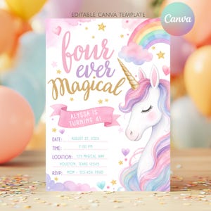 May include: A rectangular birthday invitation template featuring a white background with a unicorn, rainbow, and stars. The text reads: four ever Magical, ALYSSA IS TURNING 4!, DATE: AUGUST 22, 2026, TIME: 2:00 PM, LOCATION: 123 MAGICAL WAY, HOUSTON, TEXAS 12345, RSVP: MOM - 123.456.7890.