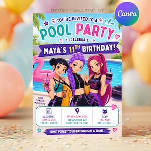 May include: An editable pool party invitation template for Maya's 11th birthday. The graphic features three animated characters by a pool with a pink flamingo float. Text includes event details, date, time, location, and RSVP instructions.