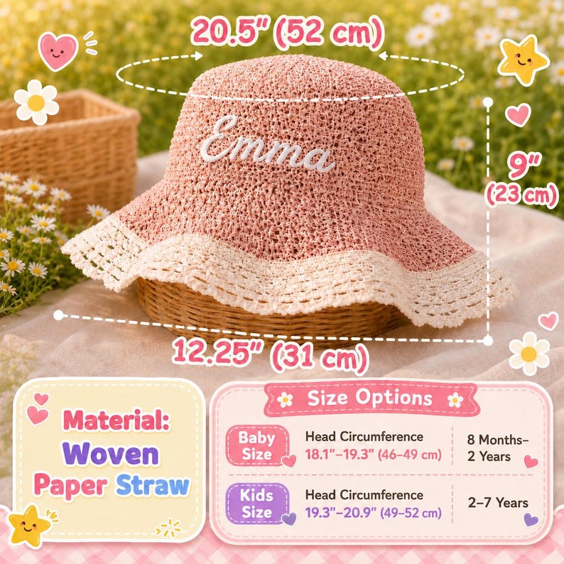 May include: A dusty pink woven paper straw bucket hat featuring a white embroidered name Emma on the front and a scalloped cream-colored crochet trim along the brim. The hat measures 20.5 inches in circumference, 9 inches in height, and 12.25 inches wide.
