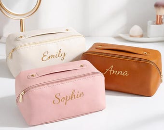 Personalized Embroidered Makeup Bag, Faux Leather Toiletry Pouch, Bridesmaid Gift