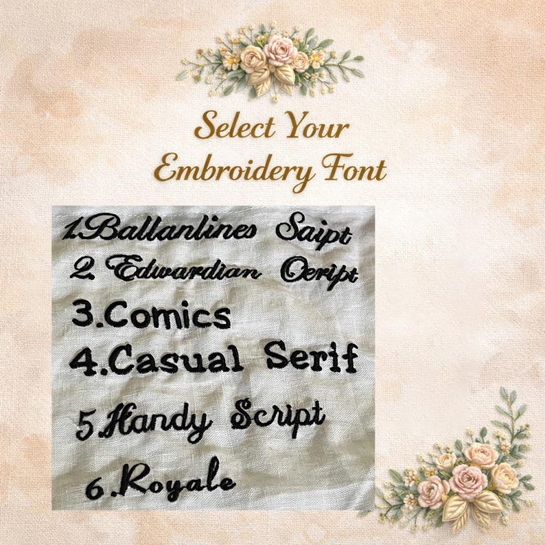 May include: A digital chart titled Select Your Embroidery Font featuring six numbered black embroidered font styles on white fabric. The list includes Ballanlines, Edwardian, Comics, Casual Serif, Handy Script, and Royale, with floral accents.