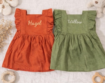 Personalized Baby Linen Dress, Embroidered Name, Ruffle Sleeve