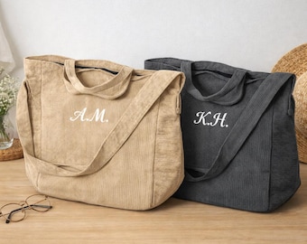 Embroidered Corduroy Tote Bag, Personalized Initial Crossbody