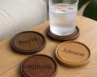 Personalized Solid Wood Coaster Set: Custom Engraved Name Drinkware Home Gift