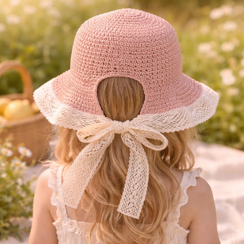 May include: A dusty pink crochet bucket hat featuring a wide, scalloped brim trimmed with white lace. The back of the hat has an open cutout design secured with a decorative white lace ribbon tied into a bow, allowing hair to pass through.
