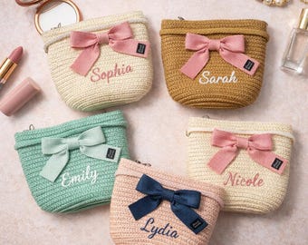 Personalized Embroidered Makeup Pouch, Woven Mini Clutch, Bridesmaid Gift