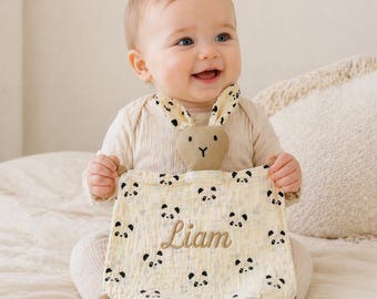 Personalized Bunny Lovey Blanket | Custom Name Cotton Muslin Comforter
