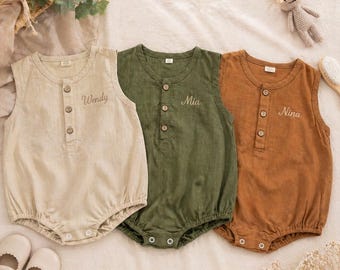 Personalized Linen Baby Romper, Custom Name Embroidery, Summer Outfit