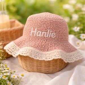 Personalized Girls Crochet Sun Hat, Custom Name Summer Beach, Lace Brim Bucket Hat Pink