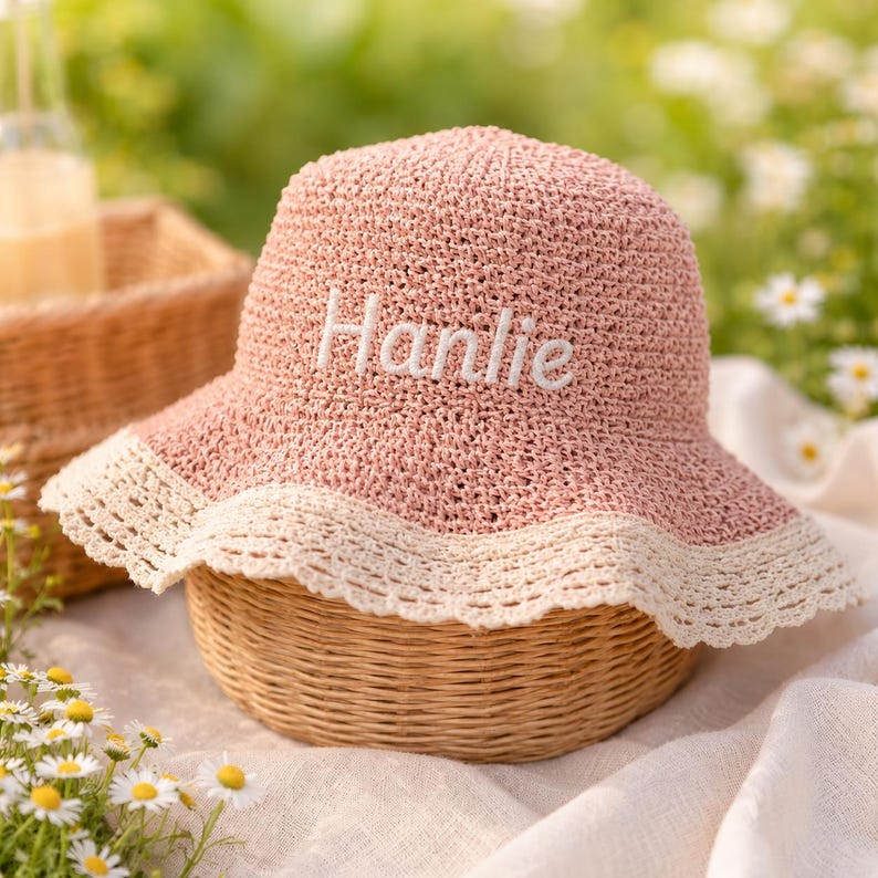 Personalized Girls Crochet Sun Hat, Custom Name Summer Beach, Lace Brim Bucket Hat Pink