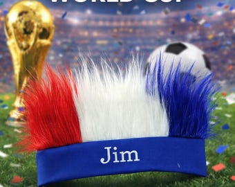 World Cup Soccer Fan Headband Wig, Patriotic Red White Blue, Custom Embroidered