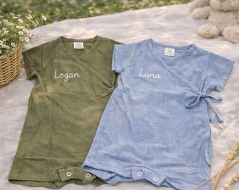 Personalized Baby Kimono Onesie, Custom Name Embroidery, Cotton Romper