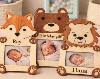Personalized Wooden Baby Photo Frame, Animal Nursery Decor, Custom Newborn Gift